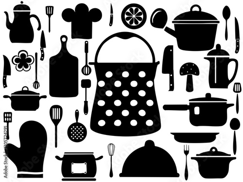 Kitchen Cookware Hat Utensil Mitten Fork Knife Oven Pot DIY Gift Doodle Clipart Shape