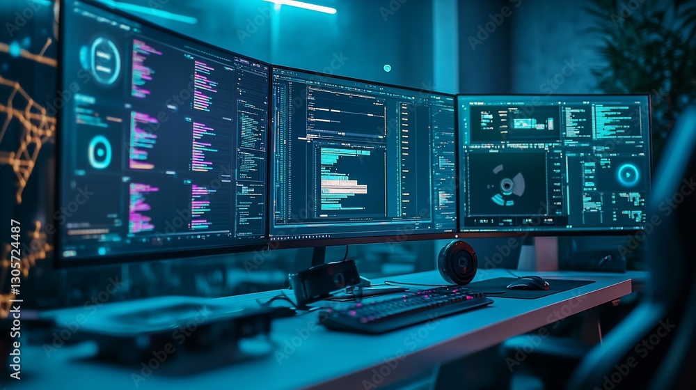 Modern programmer's workspace with three monitors displaying lines of code, keyboard, mouse, and headphones. Modern programmer's workspace with three monitors displaying lines of code, keyboard, mouse, and headphones.