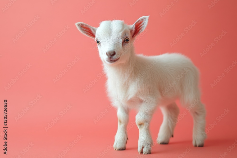 Cute baby goat stands on a pink background, showcasing its playful demeanor and fluffy white coat Cute baby goat stands on a pink background, showcasing its playful demeanor and fluffy white coat