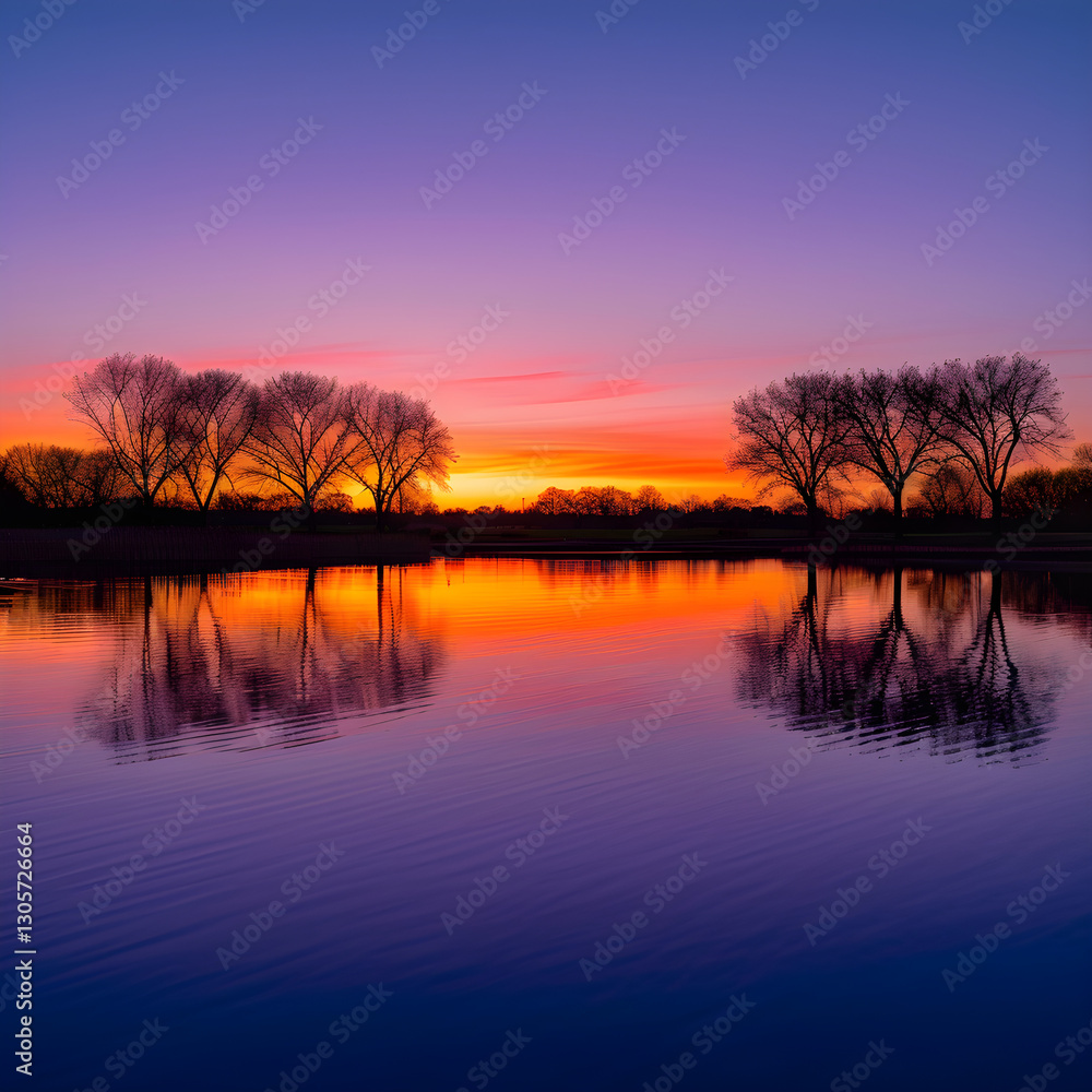 Tranquil Sunset Over Calm Lake Reflecting Vibrant Sky Tranquil Sunset Over Calm Lake Reflecting Vibrant Sky