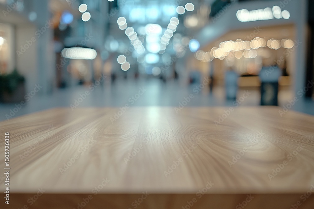 Fototapeta premium Empty wooden table in blurred shopping mall background.