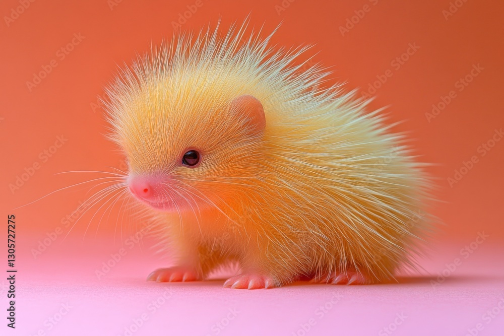 Unique small hedgehog with bright yellow spines against a gradient orange and pink background Unique small hedgehog with bright yellow spines against a gradient orange and pink background