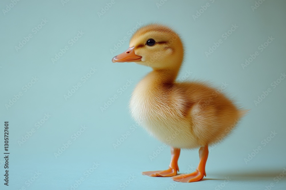 Young duckling stands on a smooth surface with a soft blue background and looks curiously at its surroundings Young duckling stands on a smooth surface with a soft blue background and looks curiously at its surroundings