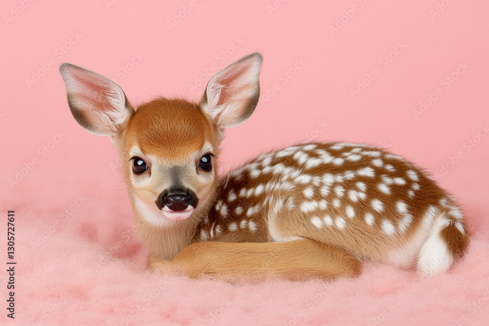 Baby deer resting on soft pink surface with delicate fur and expressive eyes in a serene indoor setting Baby deer resting on soft pink surface with delicate fur and expressive eyes in a serene indoor setting