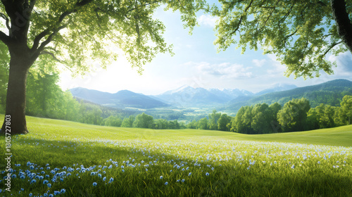 Idyllic landscape showcasing a vibrant green meadow with blue flowers, framed by lush trees and majestic mountains under a clear sky