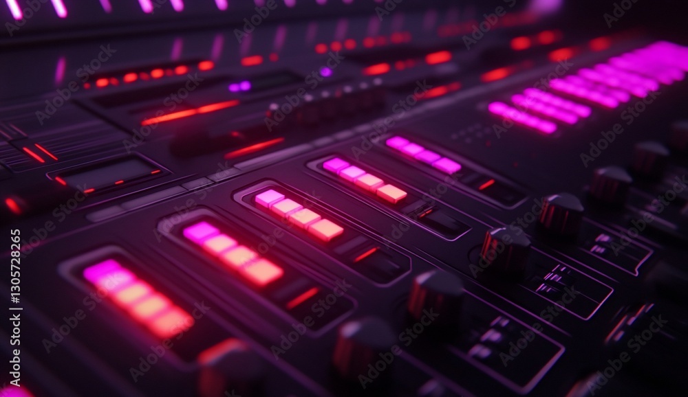 Close-up of a futuristic music mixing console with illuminated controls and knobs. Close-up of a futuristic music mixing console with illuminated controls and knobs.