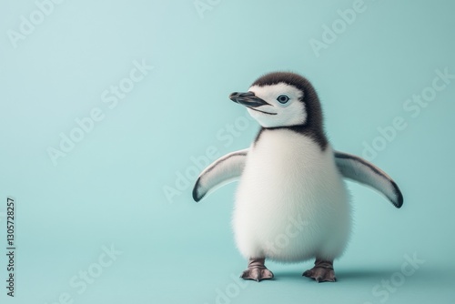 Adorable penguin chick standing on a light blue background showcasing its fluffy feathers and playful stance photo