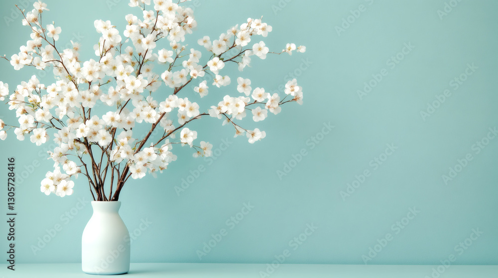Delicate cherry blossom branches spreading white petals in ceramic vase resting against soft blue background Delicate cherry blossom branches spreading white petals in ceramic vase resting against soft blue background