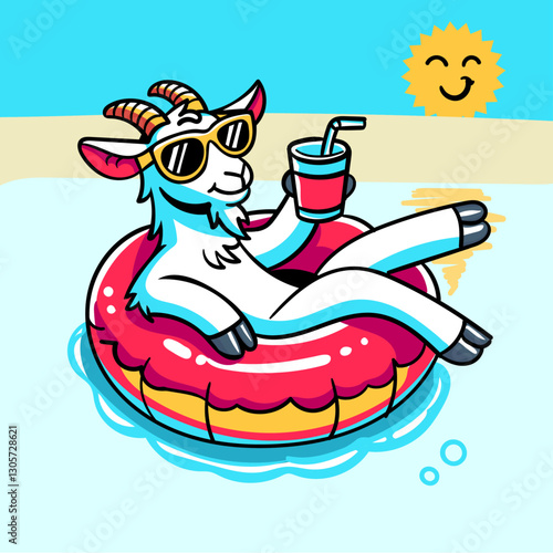 A fun and playful cartoon illustration of a cool goat wearing sunglasses, relaxing on a pool float with a drink in hand, under a smiling sun.