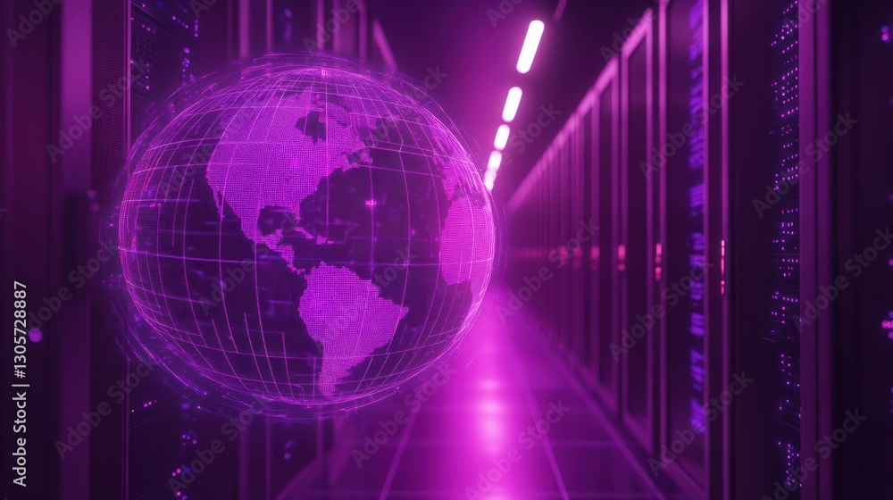 Fototapeta premium Global data network with server racks in a futuristic purple data center