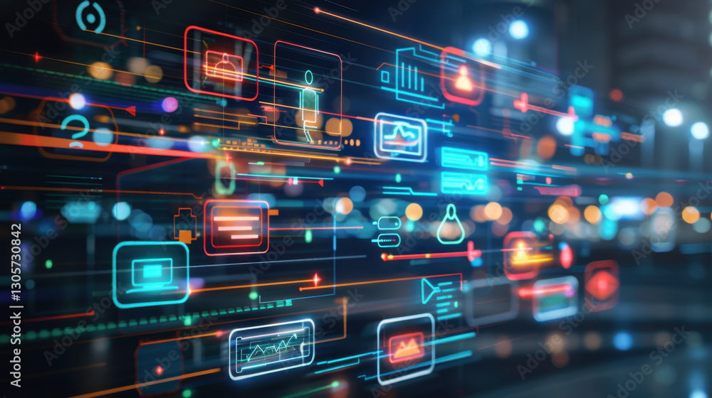 Fototapeta premium vibrant digital interface showcasing various icons and data visualizations, symbolizing technology and connectivity in modern environment