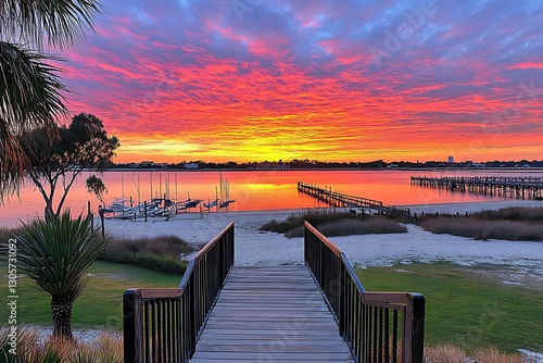 A beautiful colorful sunset over a coastal waterfront view