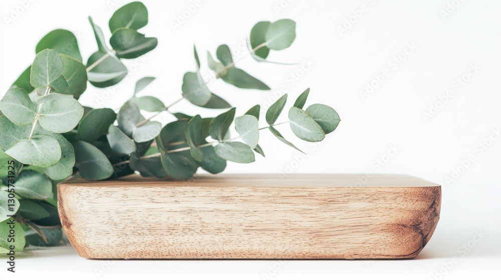 Presentation of natural wooden surface with eucalyptus leaves minimalist style studio setting close-up view Presentation of natural wooden surface with eucalyptus leaves minimalist style studio setting close-up view