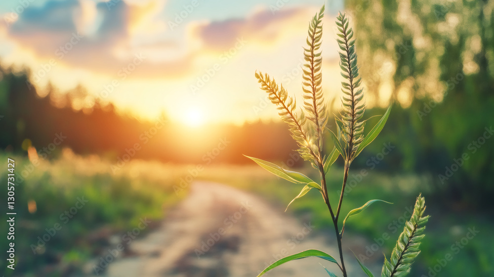 Wildflower thriving beside road, illuminated by golden sunset rays and casting delicate shadows Wildflower thriving beside road, illuminated by golden sunset rays and casting delicate shadows