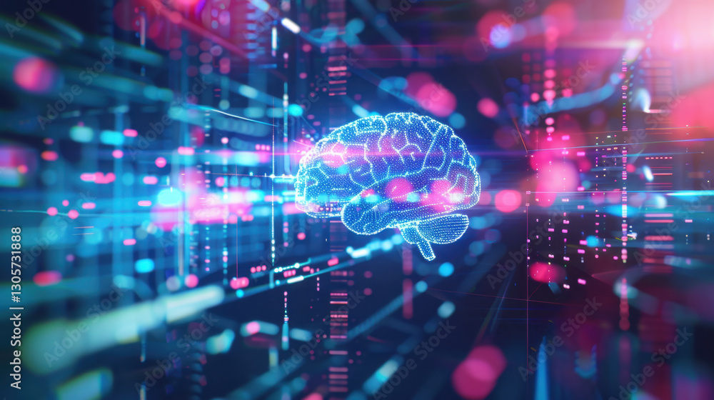 digital representation of brain surrounded by vibrant data streams, symbolizing artificial intelligence and technology. colorful lights create futuristic atmosphere digital representation of brain surrounded by vibrant data streams, symbolizing artificial intelligence and technology. colorful lights create futuristic atmosphere