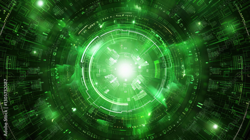 Abstract green digital technology background with glowing circular patterns, representing data flow and connectivity in futuristic environment