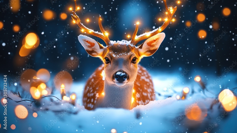 Enchanting winter wonder, Glowing reindeer amidst snowy luminescence Enchanting winter wonder, Glowing reindeer amidst snowy luminescence