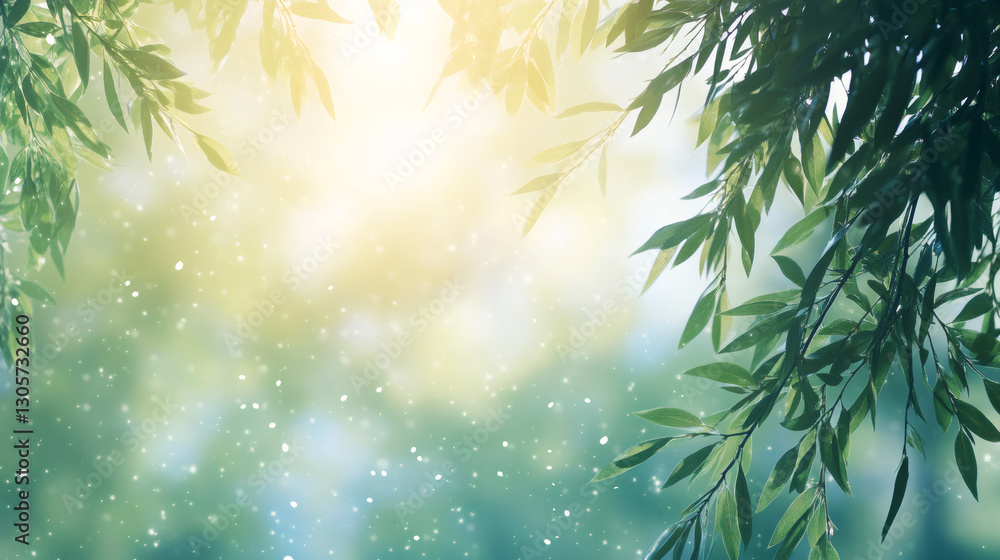 Green leaves frame a blurred natural background with sunlight filtering through, creating a fresh spring atmosphere Green leaves frame a blurred natural background with sunlight filtering through, creating a fresh spring atmosphere