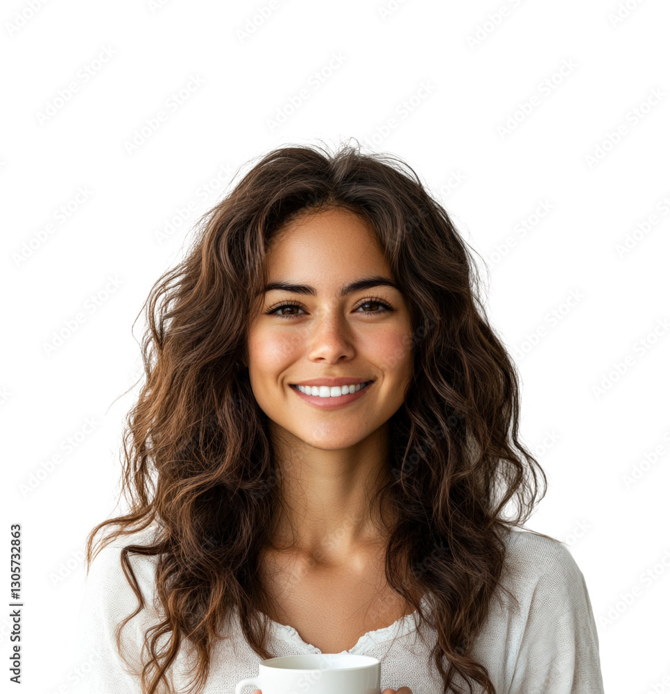 Joyful woman holding coffee cup portrait bright environment smiling viewpoint lifestyle concept isolated on transparent background Joyful woman holding coffee cup portrait bright environment smiling viewpoint lifestyle concept isolated on transparent background