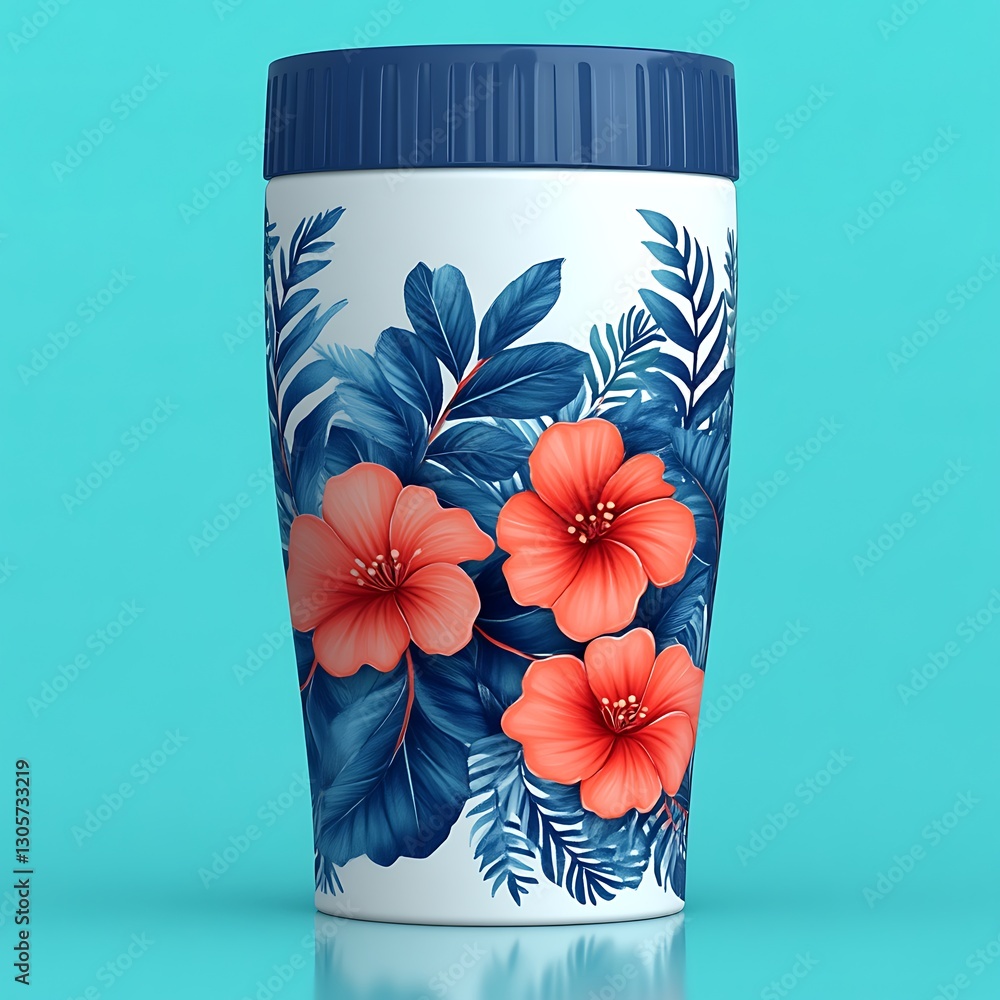 Obraz premium Tropical Hibiscus Travel Mug on Blue Background