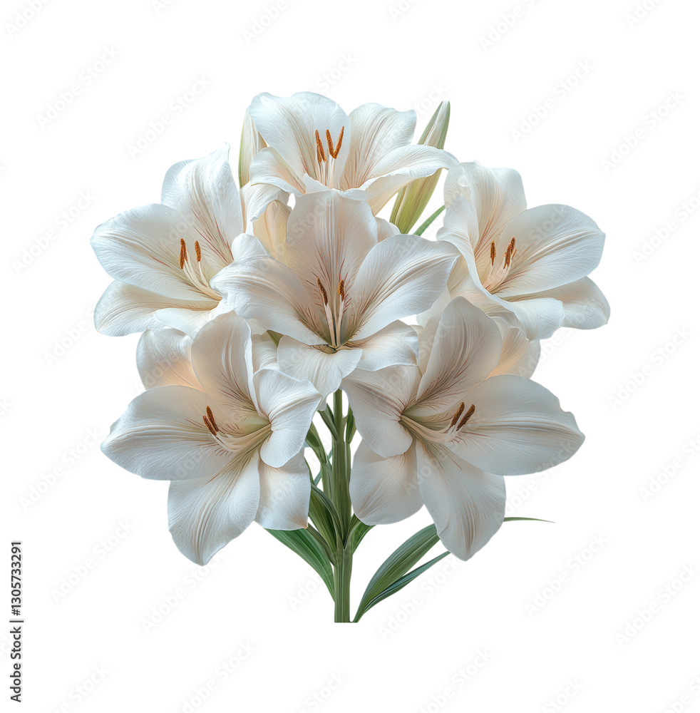 Fototapeta premium Elegant White Lily Bouquet with Multiple Blooms and Green Stems Featuring Pure Petals and Delicate Stamen Detail Isolated on Transparent and White Background
