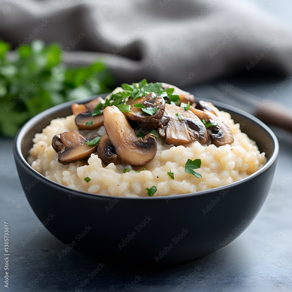 Creamy mushroom risotto in bowl, kitchen setting, food photography, recipe illustration Creamy mushroom risotto in bowl, kitchen setting, food photography, recipe illustration