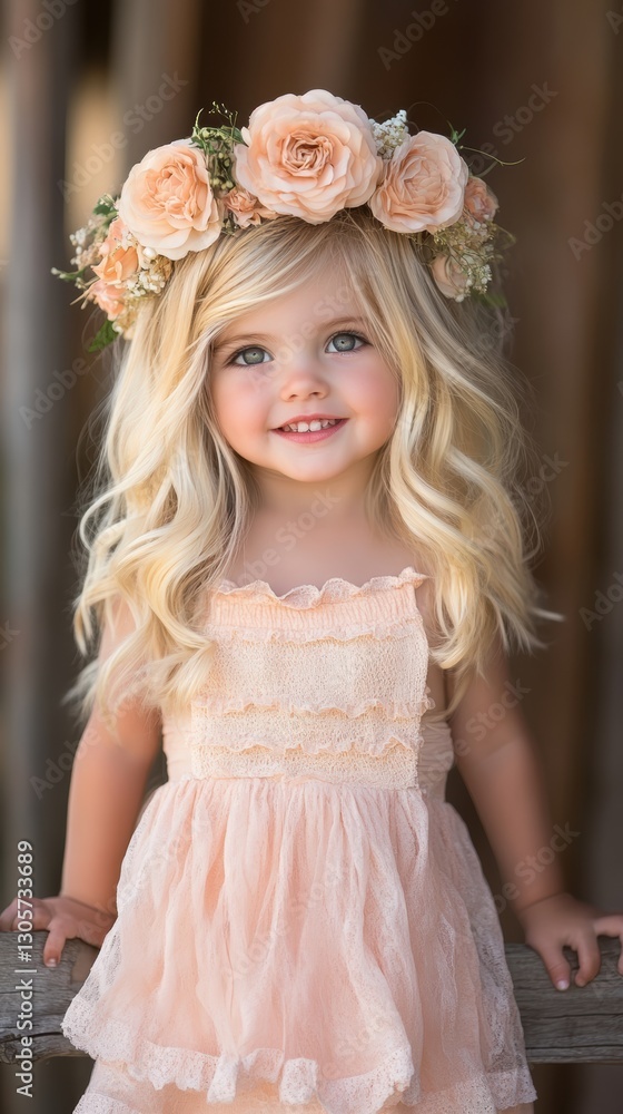 Blonde girl wearing a flower crown, exuding a carefree and joyful vibe. Blonde girl wearing a flower crown, exuding a carefree and joyful vibe.