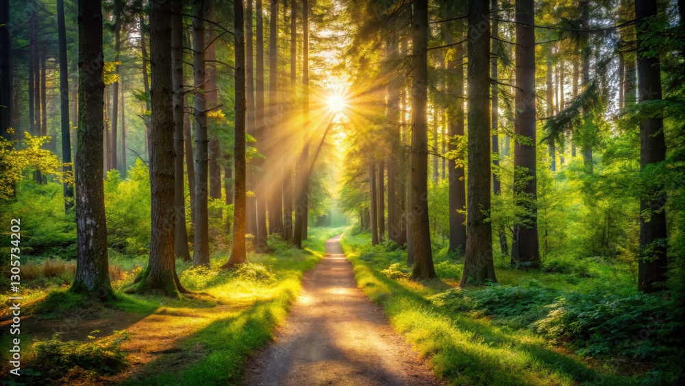 Naklejka premium serene pathway through sunlit forest, surrounded by tall trees and lush greenery