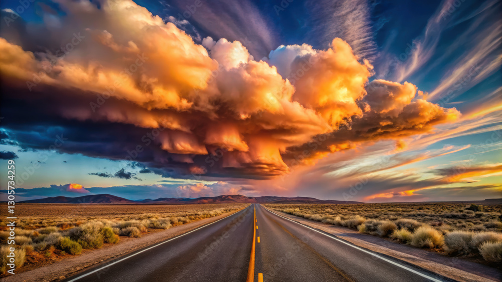 Naklejka premium Majestic clouds float over empty road at sunset, creating stunning view