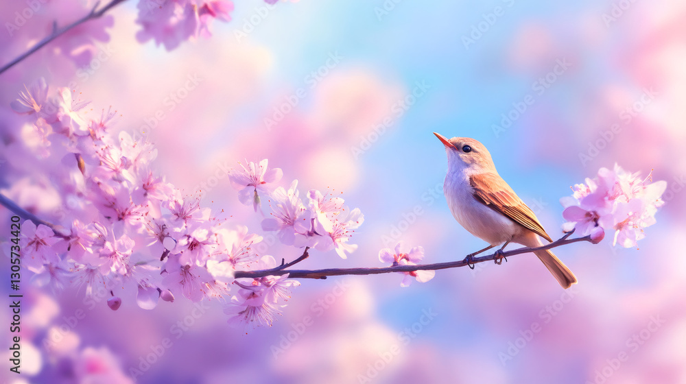 Fototapeta premium Small bird perching and singing on a cherry tree branch full of pink flowers in spring with blue sky in the background
