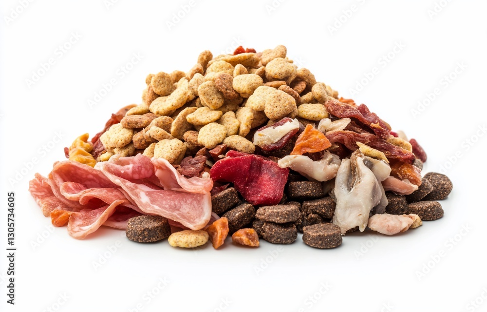 Close-up of a pile of assorted pet food kibble, jerky, and treats on a white background. Close-up of a pile of assorted pet food kibble, jerky, and treats on a white background.