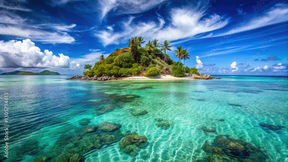 Fototapeta premium tropical island surrounded by clear turquoise water and coral reefs