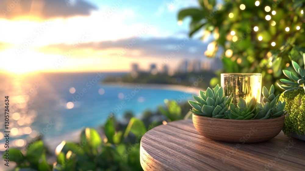 Fototapeta premium Serene balcony with succulent plants glowing candle and ocean view at sunset. Generative AI