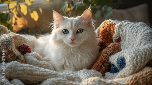 Fluffy White Cat Looking Straight / 正面を見つめるふわふわの白猫