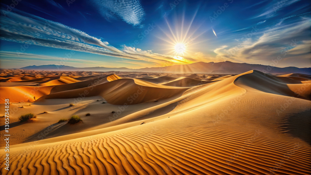 Naklejka premium Endless sand dunes under vibrant sunset sky create serene landscape