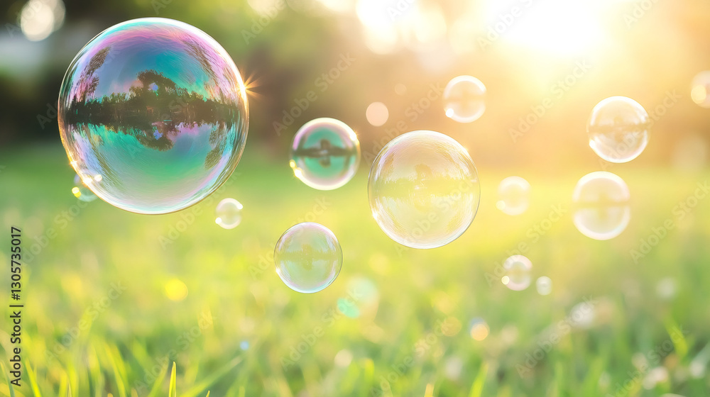 Soap bubbles floating over a green meadow at sunset, creating a magical and dreamy atmosphere