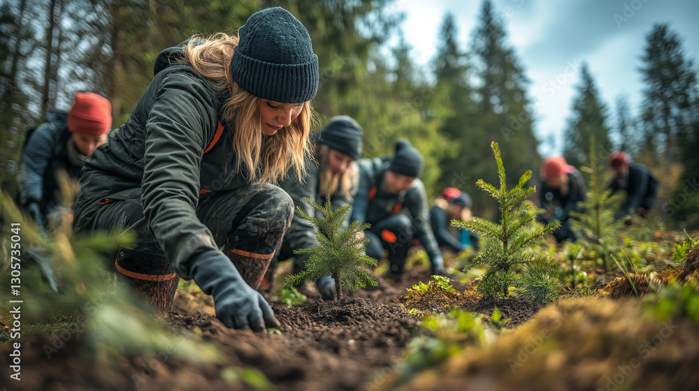 custom made wallpaper toronto digitalGroup planting trees in forest wearing eco-friendly clothing under blue sky