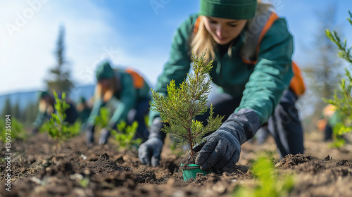 Group planting trees in forest wearing eco-friendly clothing under blue sky