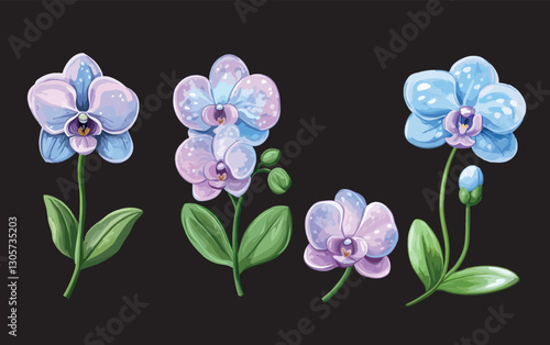 Set of glossy isolated orchid flowers, traced image