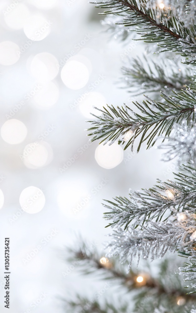 Close-up of snow-covered pine tree branch with warm fairy lights, bokeh background. Close-up of snow-covered pine tree branch with warm fairy lights, bokeh background.