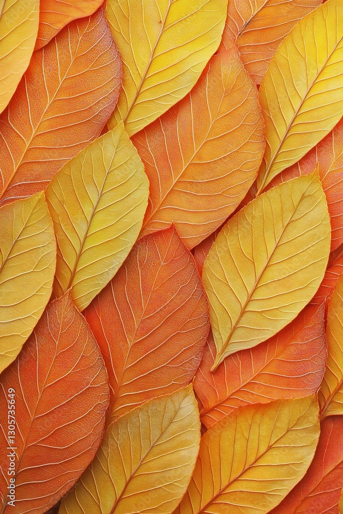 Obraz premium Close-up of overlapping autumn leaves in vibrant orange and yellow hues, creating a textured background.