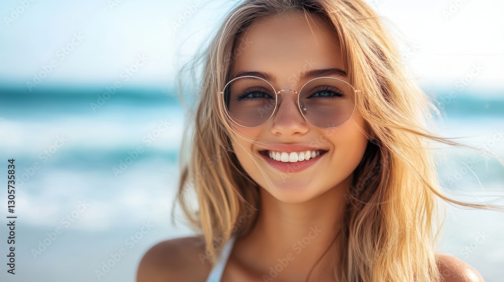 Smiling blond woman in sunglasses enjoys a sunny day at the beach, posing for the camera. Smiling blond woman in sunglasses enjoys a sunny day at the beach, posing for the camera.