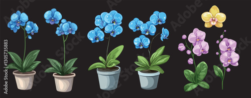 Set of glossy isolated orchid flowers, traced image