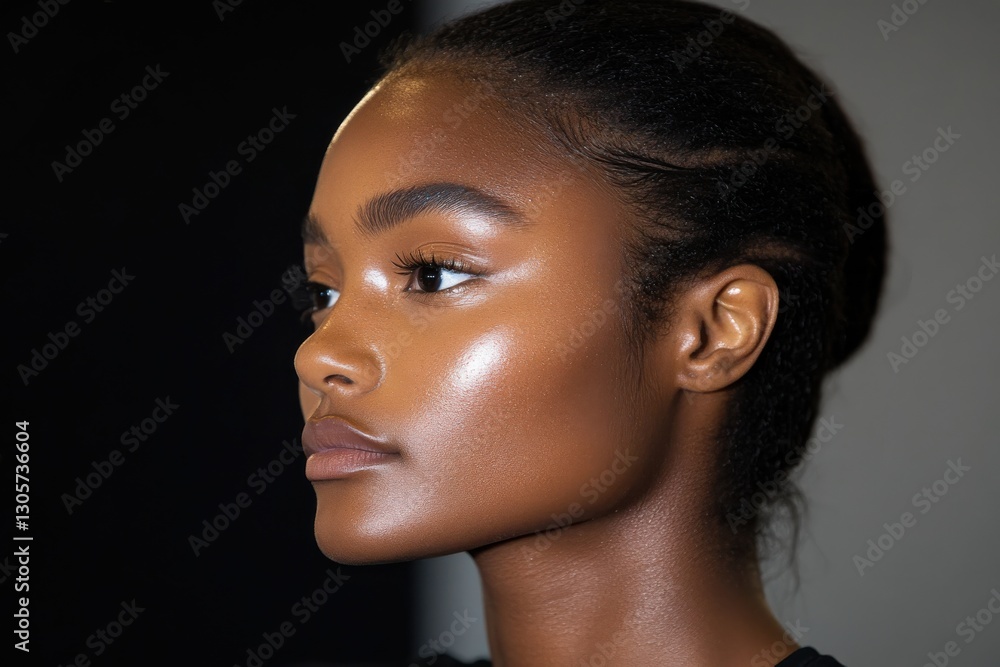This captivating profile depicts a woman with flawless, glowing skin, showcasing natural beauty and elegance in an artistic portraiture style that captivates the viewer. This captivating profile depicts a woman with flawless, glowing skin, showcasing natural beauty and elegance in an artistic portraiture style that captivates the viewer.