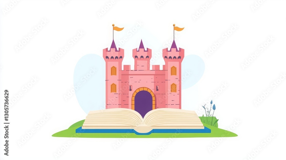 Fototapeta premium World Book Day Reading Children’s books Fairy Tale Magical castle emerging from an open book.