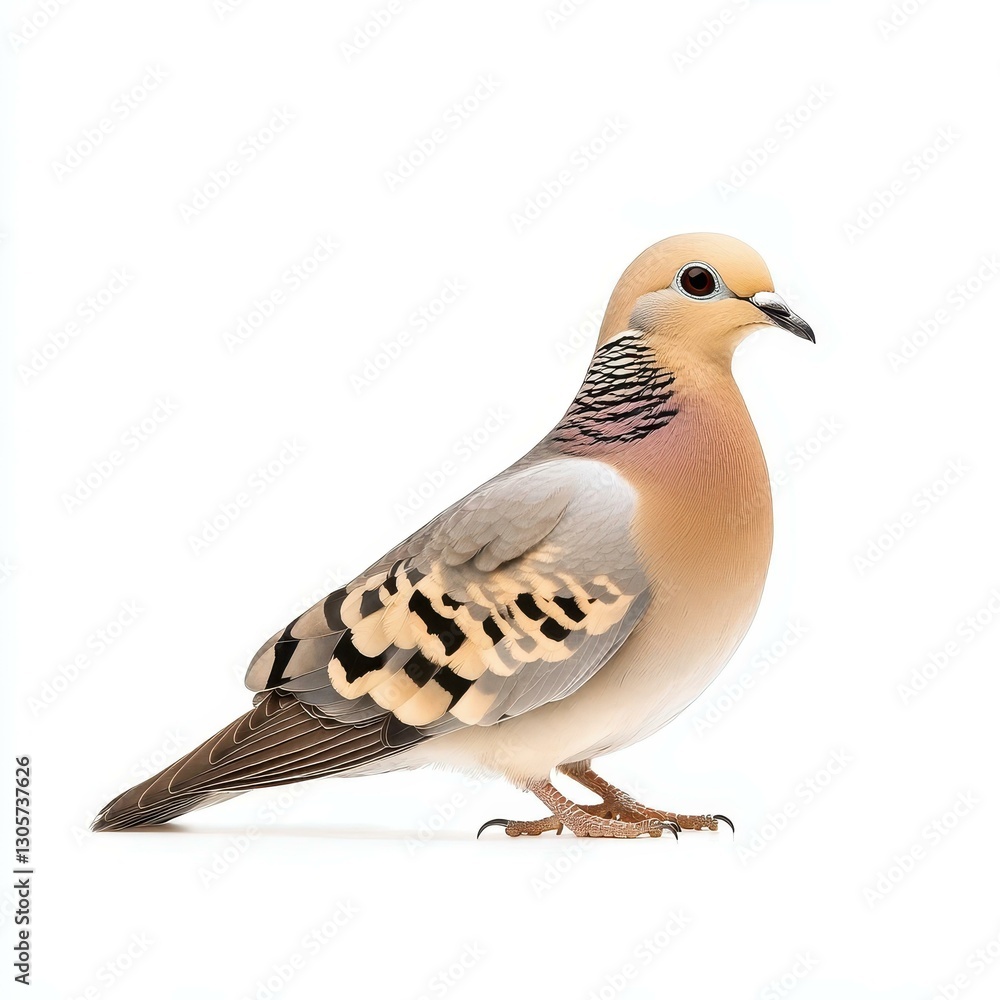 Fototapeta premium A graceful dove perched against a white backdrop, symbolizing peace and tranquility in its poised elegance.