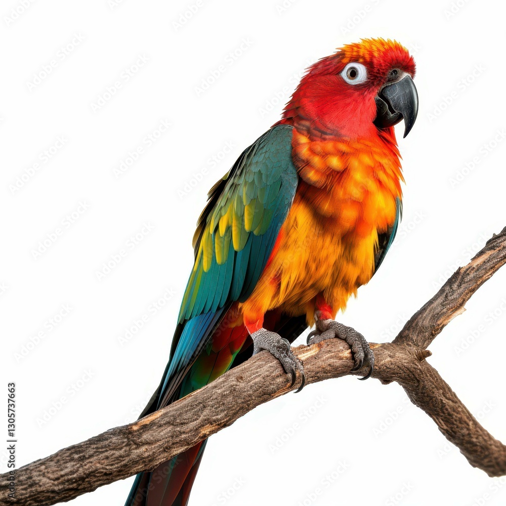 Obraz premium A vibrant parrot sits on a branch, showcasing bright colors against a clean white backdrop for a striking visual.