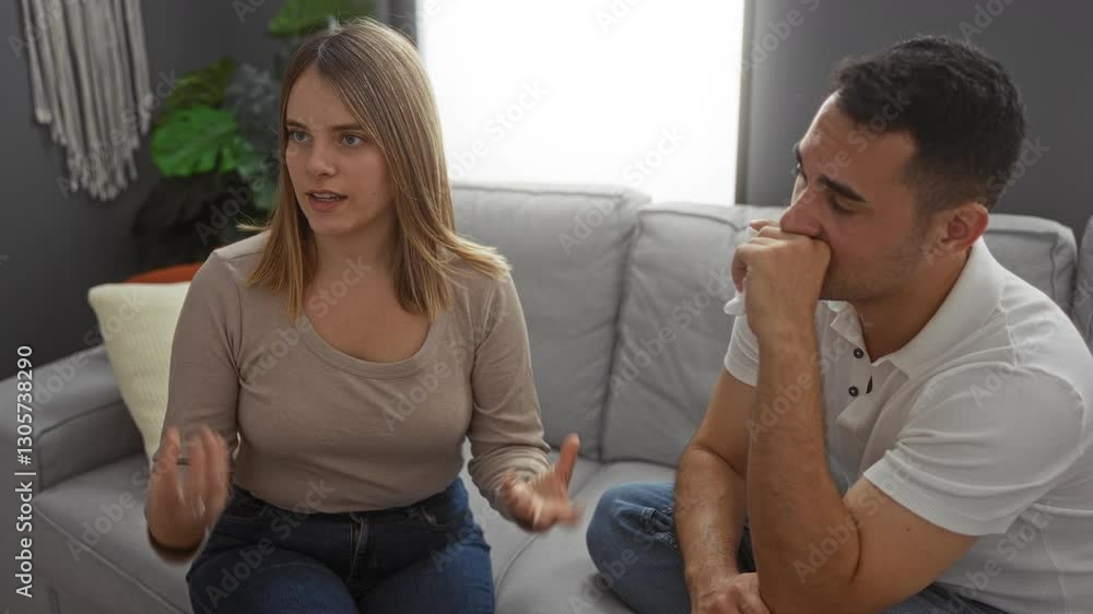 Woman and man having a serious conversation on a couch in a cozy living room, highlighting the emotional dynamics of a modern relationship indoors during daylight. Woman and man having a serious conversation on a couch in a cozy living room, highlighting the emotional dynamics of a modern relationship indoors during daylight.