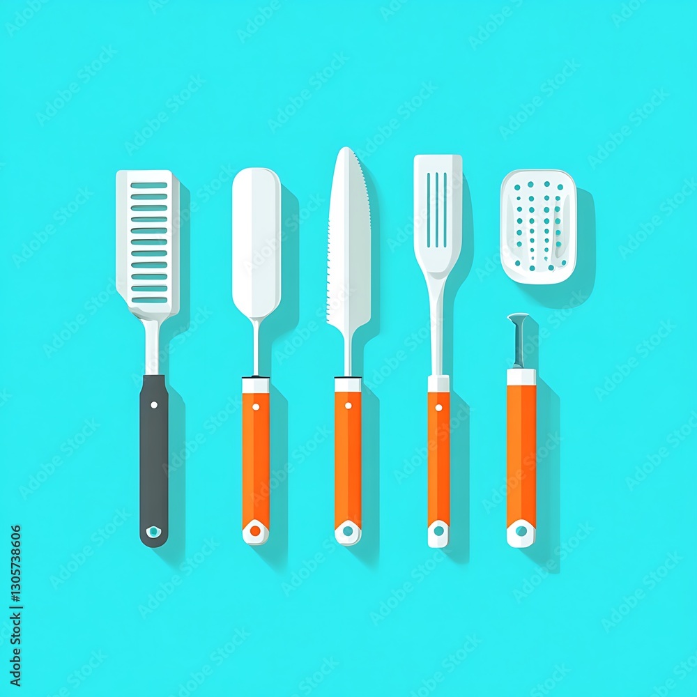 Flat lay illustration of various kitchen utensils on a teal background Flat lay illustration of various kitchen utensils on a teal background