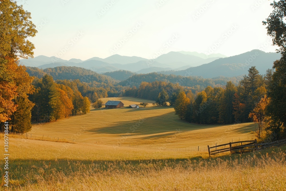 Fototapeta premium A serene field features a fence with a distant house under a clear sky.